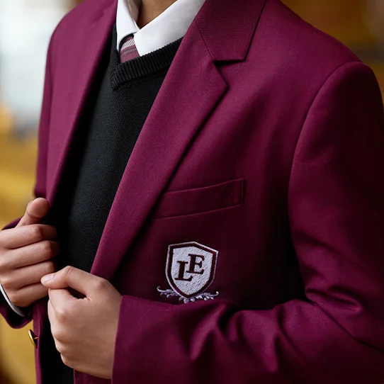 Student wearing a burgundy school uniform blazer
