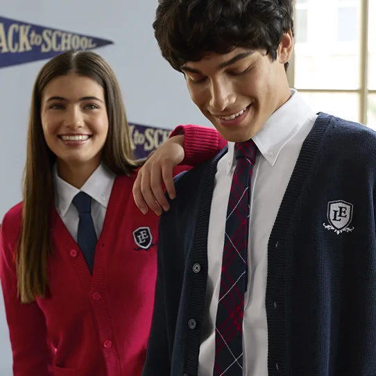 Two students wearing school uniform cardigans, dress shirts and ties