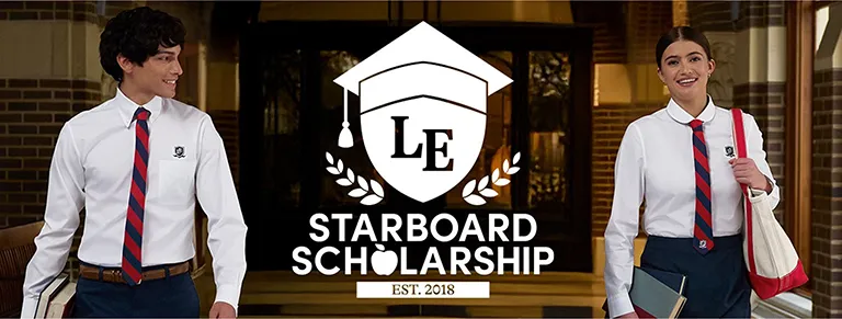 Two students wearing school uniforms next to a large logo: LE Starboard Scholarship Est. 2018