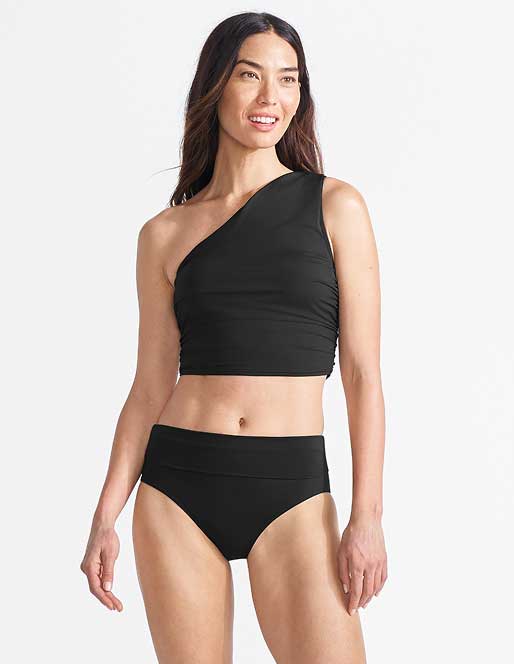 Woman wearing a one-shoulder swimsuit