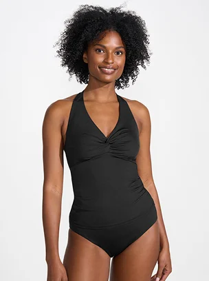 Woman wearing a halter swimsuit