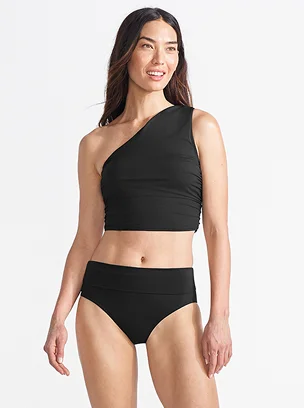 Woman wearing a one-shoulder swimsuit