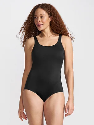 Woman wearing a scoop neck swimsuit